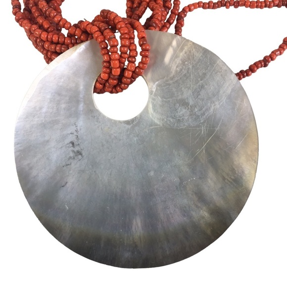 Vintage Abalone Shell & Red Seed Bead Necklace Artisan Multi-Strand Tropical - Picture 7 of 7